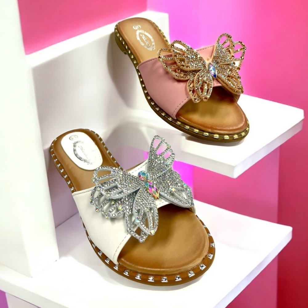Restocked! Italina White Butterfly AB Stone Embellished Flat Sandals
